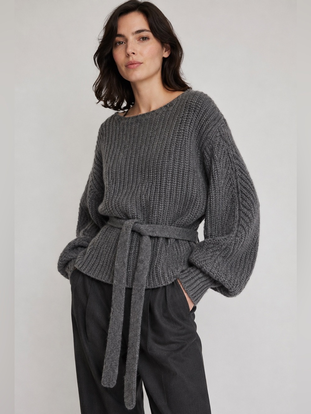 Sea New York Nellie Belted Chunky Knit Sweater Gray Wool Cashmere Blend Size S